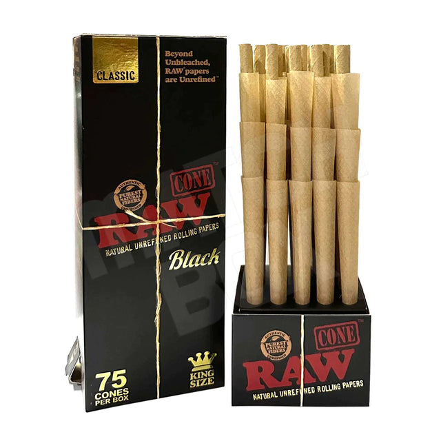 Front angled view of the RAW Black Classic Cones King Size 75 Count Box in sleek black and gold packaging. Made from RAW's thinnest double-pressed unbleached natural paper, these pre-rolled king size cones deliver an exceptionally clean, slow-burning smoke for larger sessions.