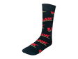Front angled view of the RAW Black Crew Socks Hemp Blend Apparel laid flat. These premium mid-calf crew socks feature a comfortable, breathable hemp-cotton blend fabric with the signature red RAW logo boldly knitted near the top cuff.