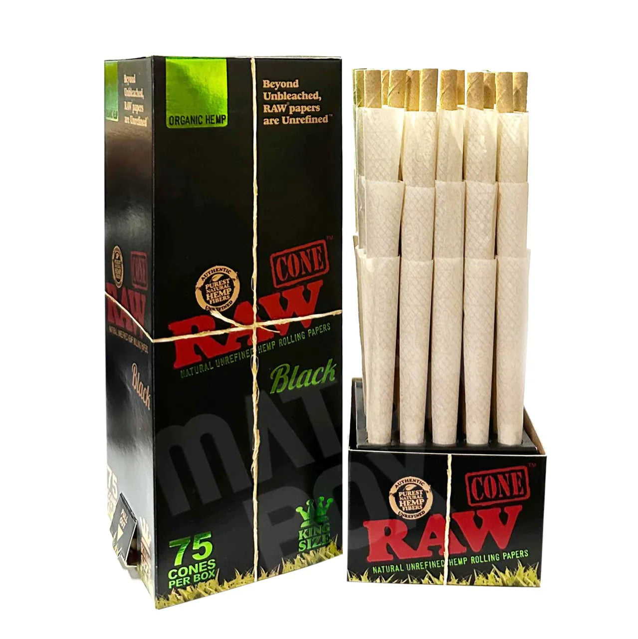 Front angled view of the RAW Black Organic Hemp Cones King Size 75 Count Box in sleek black and gold packaging. Made from RAW's thinnest unbleached organic hemp paper, these pre-rolled king size cones deliver an exceptionally clean, slow-burning smoke for larger sessions.