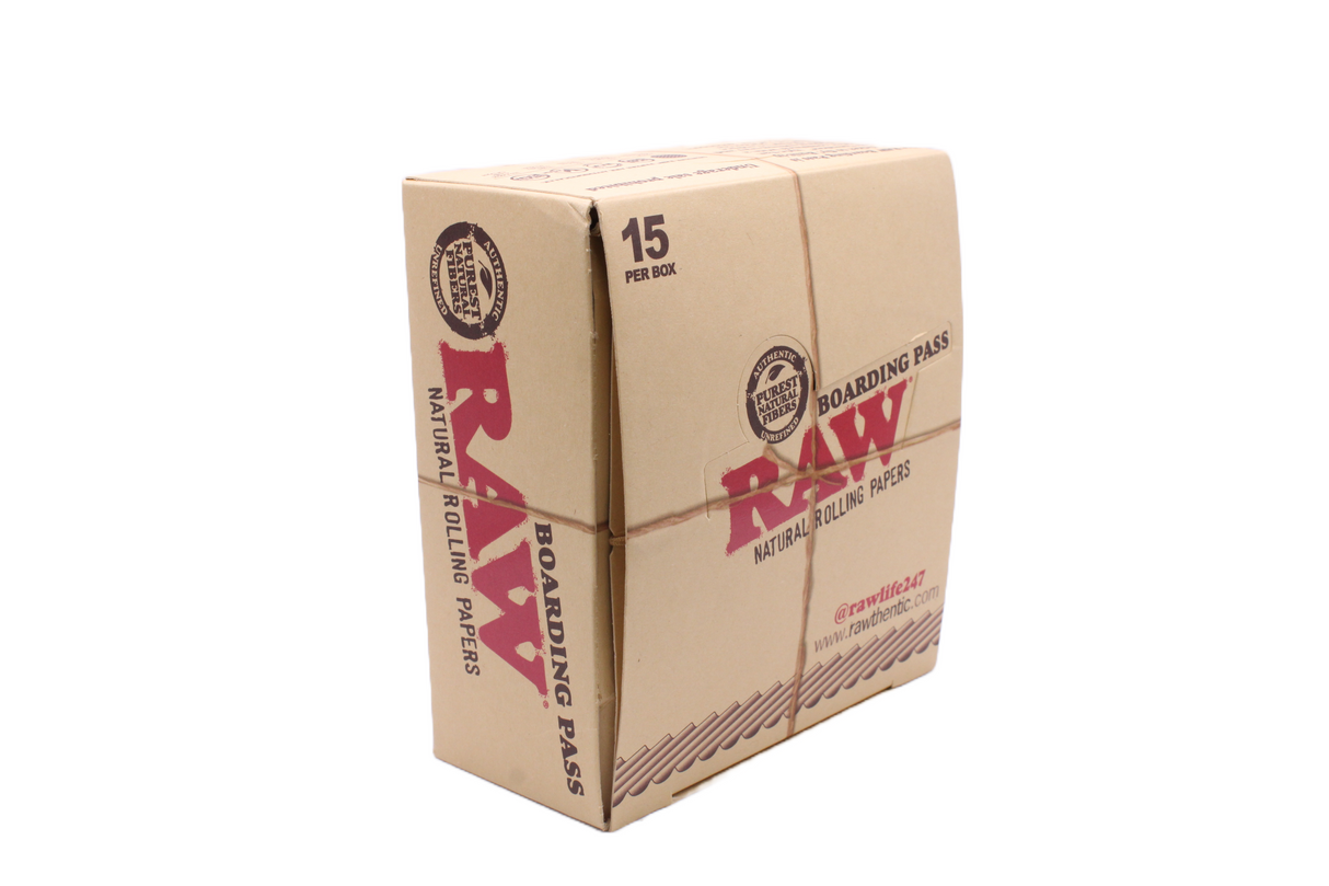 Angled overhead view of the RAW boarding pass portable tray display in brown and tan. These compact rolling trays feature raised, curved edges to neatly contain materials and prevent tabletop spills.