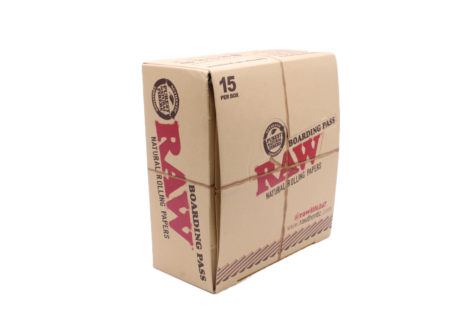 Angled overhead view of the RAW boarding pass portable tray display in brown and tan. These compact rolling trays feature raised, curved edges to neatly contain materials and prevent tabletop spills.