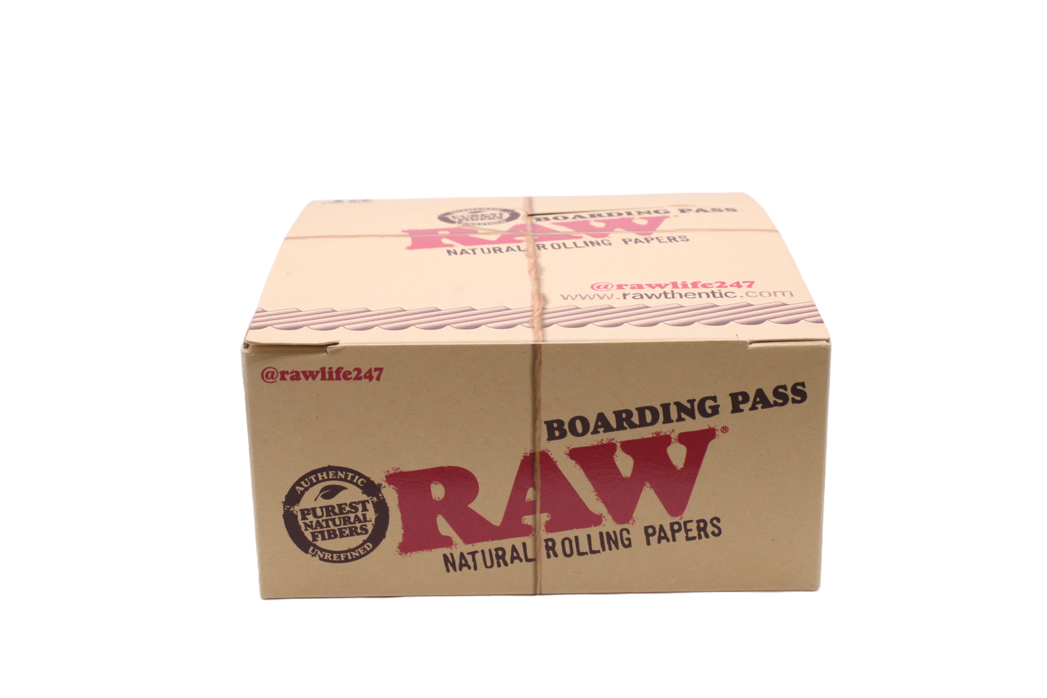 Front view of the RAW boarding pass portable tray display box in natural kraft brown and red. This 15-count retail display offers a travel-friendly metal rolling platform designed to catch loose herbs during on-the-go sessions.