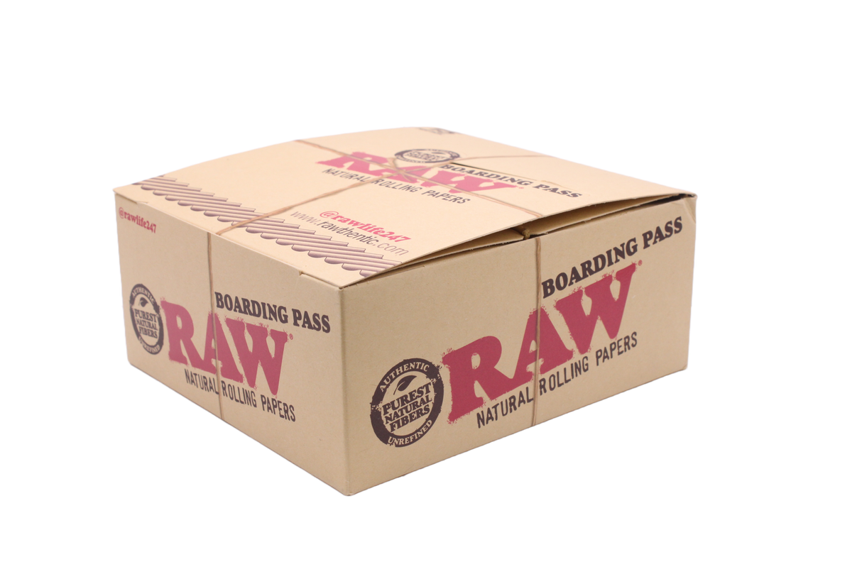 Angled overhead view of the open RAW boarding pass portable tray display in brown and tan. These compact rolling trays feature raised, curved edges to neatly contain materials and prevent tabletop spills.