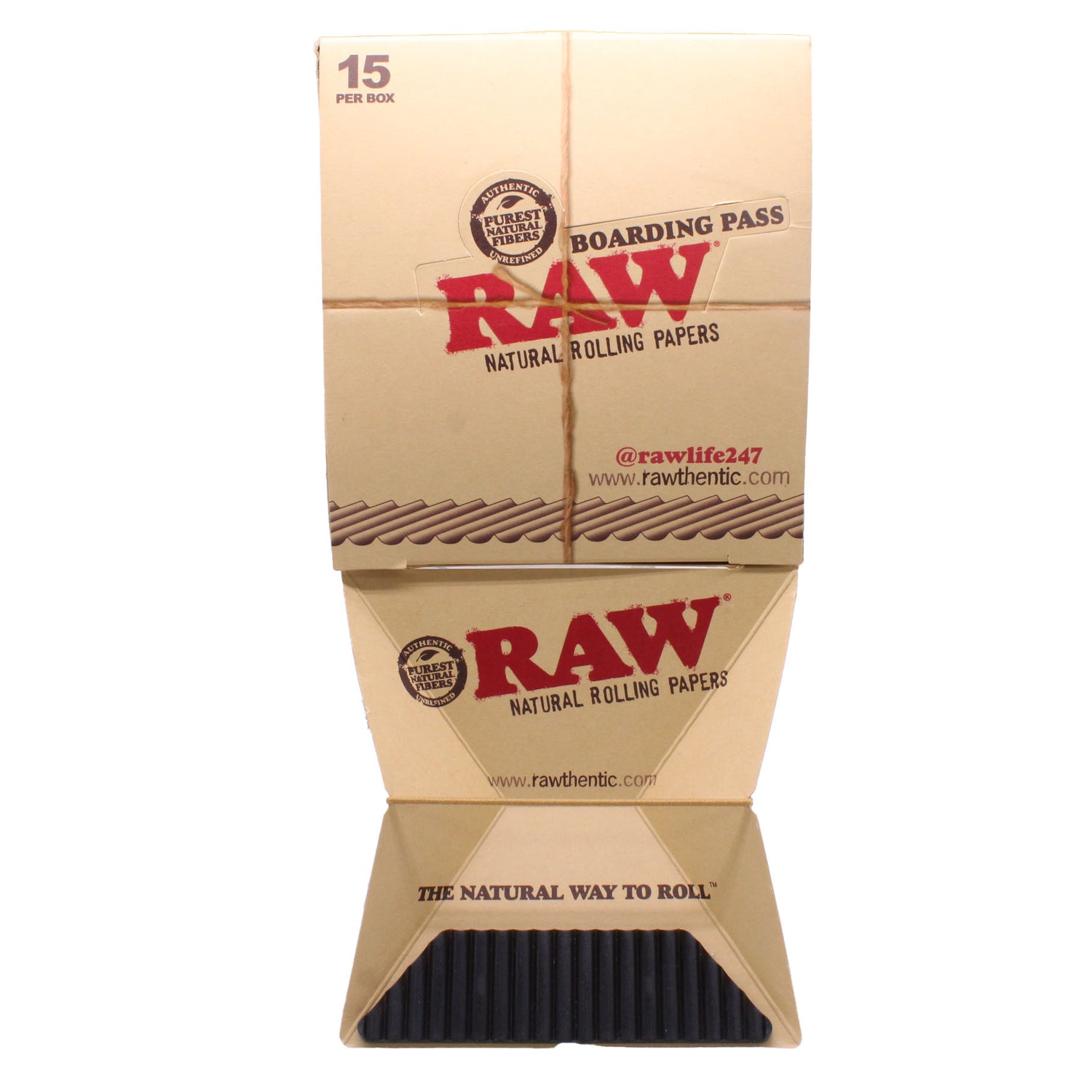 Packaging for RAW Boarding Pass featuring a beige and brown color scheme with the RAW logo and product information.