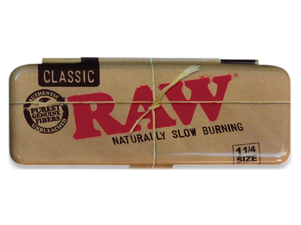 Top down view of the RAW Classic 1 1/4 metal paper case in classic tan and brown. This protective tin securely holds a standard 1 1/4 size pack of rolling papers to prevent them from bending, tearing, or getting ruined in your pocket.