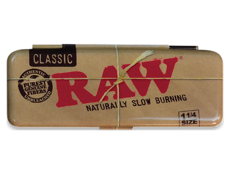 Top down view of the RAW Classic 1 1/4 metal paper case in classic tan and brown. This protective tin securely holds a standard 1 1/4 size pack of rolling papers to prevent them from bending, tearing, or getting ruined in your pocket.
