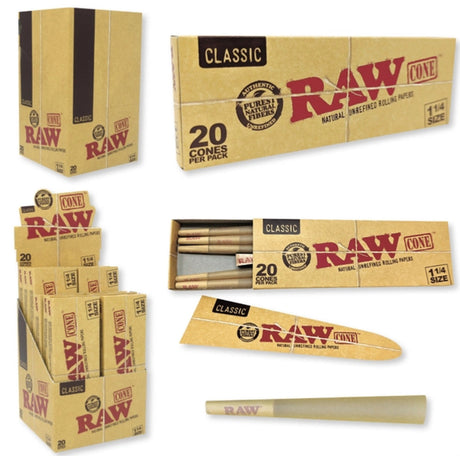 Angled overhead view of the RAW Classic 1 1/4 Pre-Rolled Cones 20-Pack display box in natural brown. Showcasing the slide-out tray opened, this 20-count package provides frequent smokers with an ample supply of ready-to-fill unbleached classic cones.