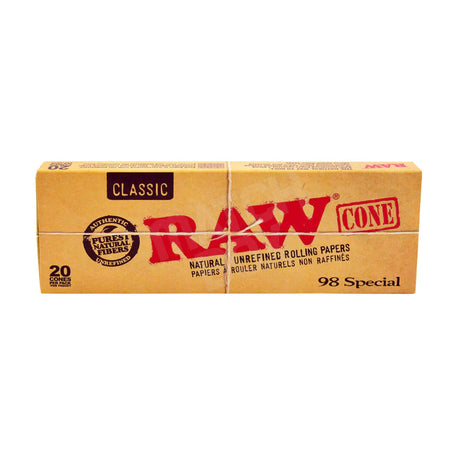 Front flat lay view of a single RAW Classic 98 Special Cone in natural light brown. This 98mm unbleached pre-roll features RAW's proprietary crisscross watermark to prevent runs and ensure a smooth, even burn from start to finish.