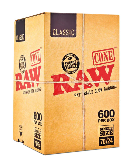 Front angled view of the RAW Classic Dogwalker 70/24 Bulk Cones 600-count box in natural kraft brown packaging. Measuring 70mm in length with a 24mm tip, these unbleached, mini-sized cones provide slightly more packable space for quick, personal smoke sessions.