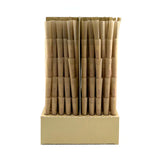 Angled overhead view of the RAW Classic Dogwalker 70/30 Bulk Cones box in natural brown. Showcasing the bulk packaging opened to reveal the neatly stacked layers, this 500-count box provides dispensaries or frequent smokers with an ample supply of ready-to-fill mini cones.