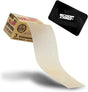 Front angled view of the RAW Classic Gum Strips 3-Feet 24-count box in natural kraft brown packaging with red branding. This retail-ready display carton provides smoke shops with an attractive countertop presentation for these specialty natural acacia adhesive rolls used for repairing or crafting custom pre-rolls.
