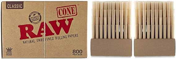 Angled overhead view of the RAW Classic King Size Bulk Cones box in natural brown. Showcasing the bulk packaging opened to reveal the neatly stacked layers of pre-rolls, this 800-count case is perfectly organized for high-volume commercial filling operations.