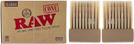 Angled overhead view of the RAW Classic King Size Bulk Cones box in natural brown. Showcasing the bulk packaging opened to reveal the neatly stacked layers of pre-rolls, this 800-count case is perfectly organized for high-volume commercial filling operations.
