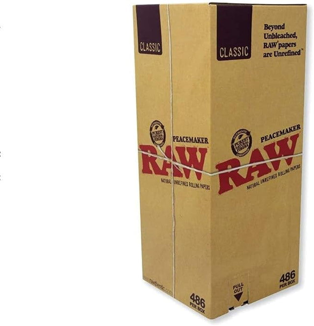 Front angled view of the RAW Classic Peacemaker Bulk Cones 140mm 486-count box in natural kraft brown packaging. Made from unrefined, unbleached plant fibers, this massive bulk case provides dispensaries and commercial rollers with a reliable supply of extra-large pre-rolls.