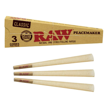 Front flat lay view of a single RAW Classic Peacemaker Cones 3-pack in natural brown cardboard packaging. This convenient multi-pack gives smokers a protective carrying case for their extra-large 140mm unbleached cones.