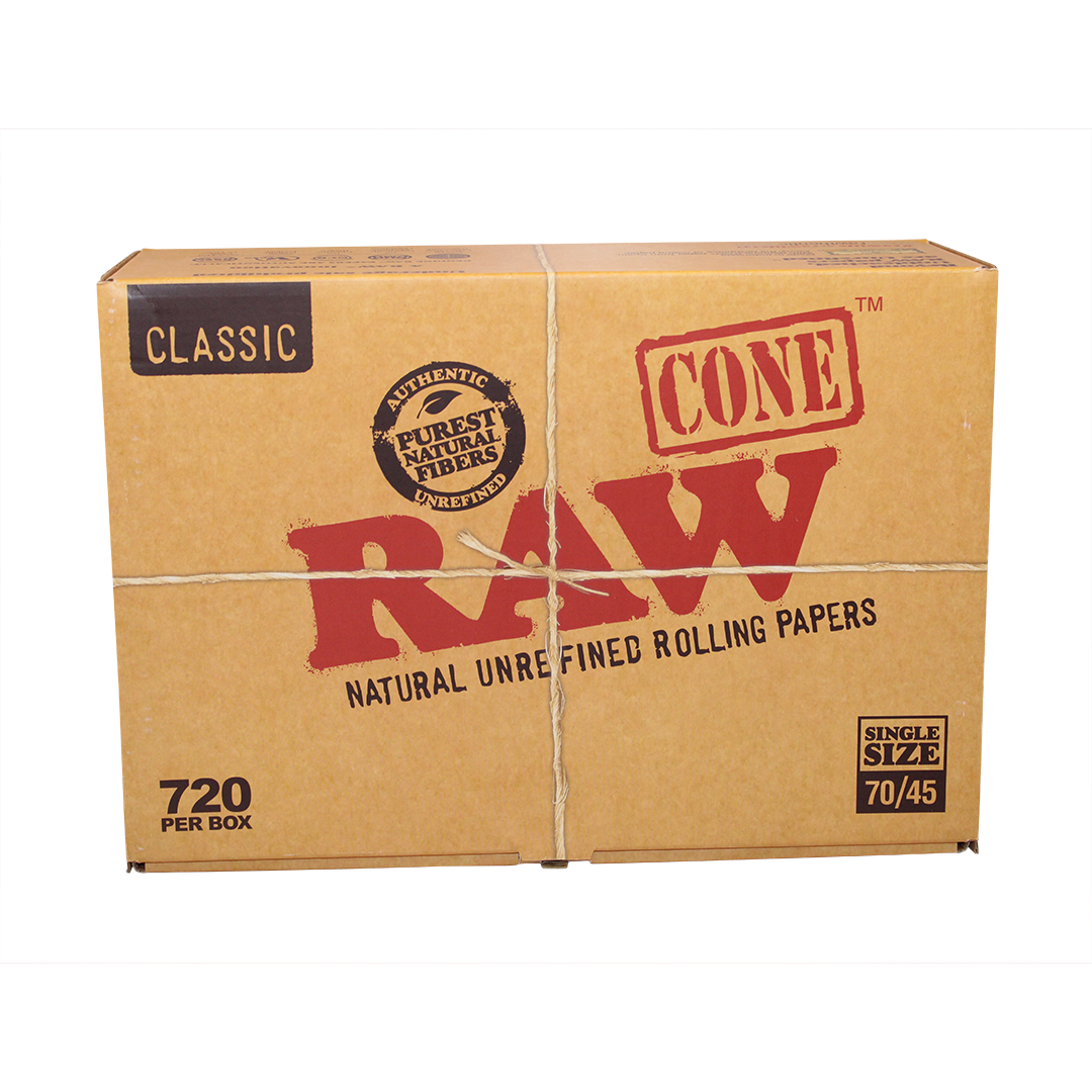 Front angled view of the RAW Classic Single Size 70/45 Bulk Cones 720-count box in natural kraft brown packaging. Featuring a 70mm overall length with an extra-long 45mm tip, these unbleached micro-cones are perfect for ultra-quick, single-dose smoke sessions.
