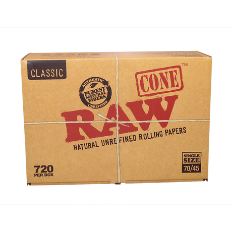 Front angled view of the RAW Classic Single Size 70/45 Bulk Cones 720-count box in natural kraft brown packaging. Featuring a 70mm overall length with an extra-long 45mm tip, these unbleached micro-cones are perfect for ultra-quick, single-dose smoke sessions.