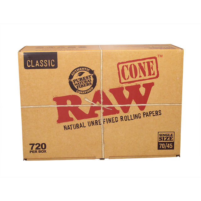 Front angled view of the RAW Classic Single Size 70/45 Bulk Cones 720-count box in natural kraft brown packaging. Featuring a 70mm overall length with an extra-long 45mm tip, these unbleached micro-cones are perfect for ultra-quick, single-dose smoke sessions.