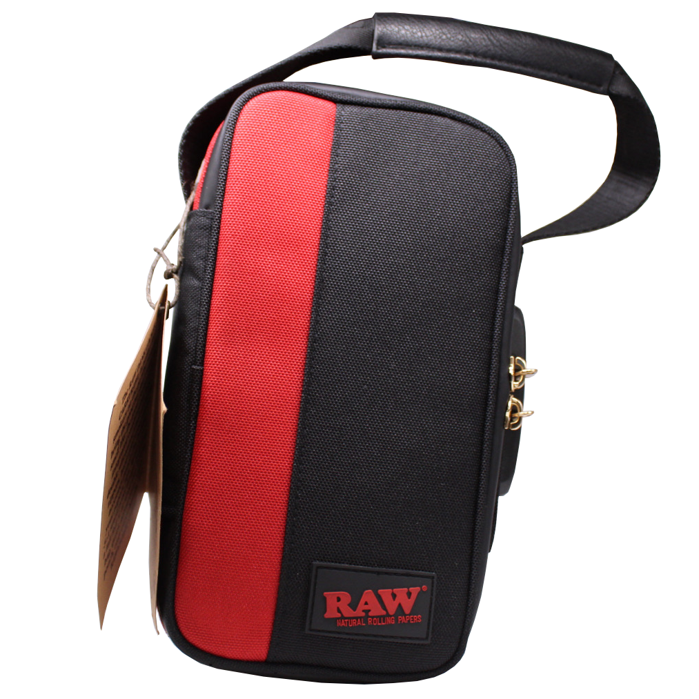 Angled front view of the RAW Dank Locker CarryRAWl travel bag in heather grey with black accents and brown carrying straps. This spacious, smell-proof duffel utilizes advanced carbon and foil lining to securely trap odors and keep your smoking essentials entirely discreet.
