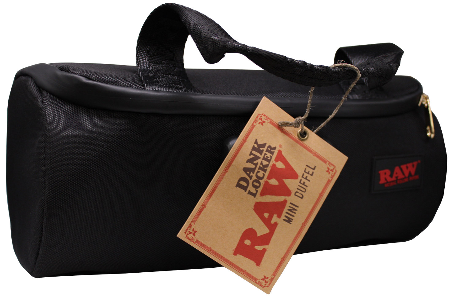 Front view of the RAW Danklocker mini duffel bag in classic heather grey and black with the red RAW logo. This premium smell-proof travel bag uses advanced carbon and foil lining to securely trap odors and keep your smoking essentials completely discreet.