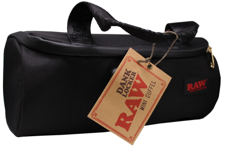 Front view of the RAW Danklocker mini duffel bag in classic heather grey and black with the red RAW logo. This premium smell-proof travel bag uses advanced carbon and foil lining to securely trap odors and keep your smoking essentials completely discreet.