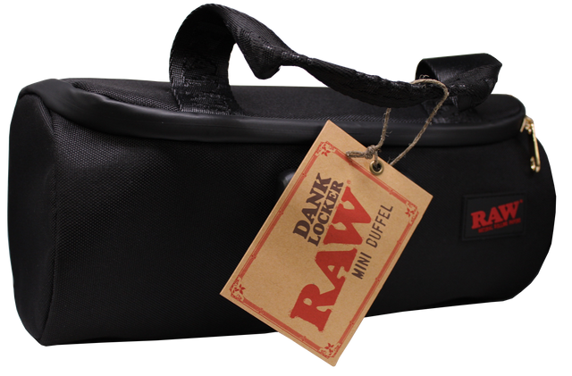 Front view of the RAW Danklocker mini duffel bag in classic heather grey and black with the red RAW logo. This premium smell-proof travel bag uses advanced carbon and foil lining to securely trap odors and keep your smoking essentials completely discreet.