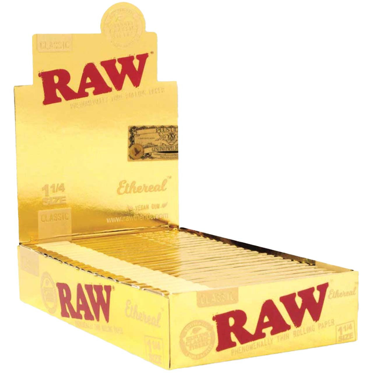Front view of the RAW Ethereal 1 1/4 size rolling papers in a 24-count gold and black retail display box. These low-density, ultra-thin papers feature a clean tree sap adhesive and are engineered to minimize the taste of paper ash.