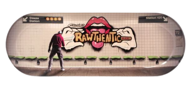 Top down view of the RAW Graffiti 2 Skate Tray. This skateboard deck-shaped rolling tray features a vivid subway-style brick wall graphic and curved lips to keep materials contained during prep.