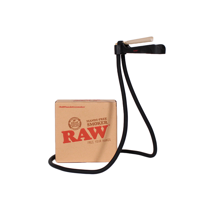 Front angled view of the RAW Hands-Free Smoker Wearable Ash Catcher in black and silver. This innovative neck-worn accessory holds your pre-roll at mouth level while a built-in tray catches the ash, allowing you to smoke completely hands-free while gaming or working.