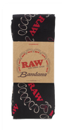 Top down flat lay view of the RAW Hemp Paisley Bandana in classic black with a distressed white paisley print pattern. This premium lifestyle apparel piece features custom branded graphics woven into the design, serving as a stylish headwrap or smoke shop wall hanging.