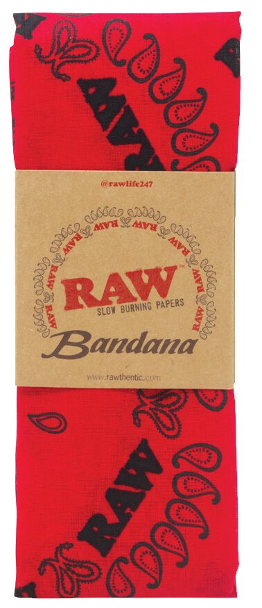 Top down flat lay view of the RAW Hemp Paisley Bandana in vibrant bold red with a contrasting white distressed design. This eye-catching color variant lets collectors show off their brand pride while keeping hair or sweat out of the way during rolling sessions.