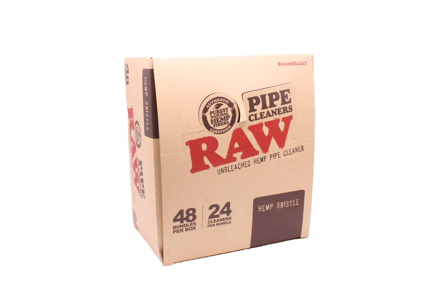 Angled front view of the RAW hemp pipe cleaners display box in natural kraft brown. This retail-ready package contains 48 bundles of natural hemp cleaners used to easily scrub heavy resin out of glass pipes and narrow stems.