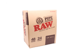 Angled front view of the RAW hemp pipe cleaners display box in natural kraft brown. This retail-ready package contains 48 bundles of natural hemp cleaners used to easily scrub heavy resin out of glass pipes and narrow stems.