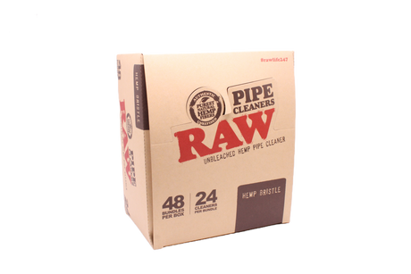 Angled front view of the RAW hemp pipe cleaners display box in natural kraft brown. This retail-ready package contains 48 bundles of natural hemp cleaners used to easily scrub heavy resin out of glass pipes and narrow stems.