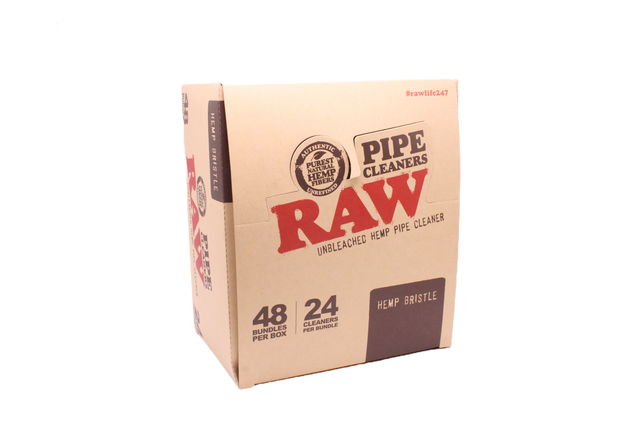Angled front view of the RAW hemp pipe cleaners display box in natural kraft brown. This retail-ready package contains 48 bundles of natural hemp cleaners used to easily scrub heavy resin out of glass pipes and narrow stems.