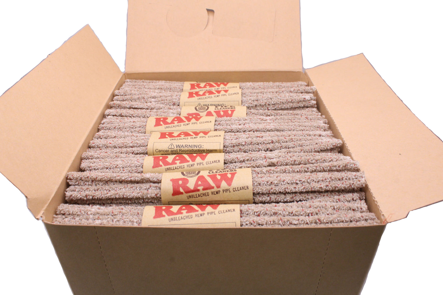 Angled overhead view of the open RAW hemp pipe cleaners box showcasing the brown, red, and black branding. This 48-count display provides unbleached, vegan-friendly tools wrapped around a flexible iron core for maintaining glass pieces.
