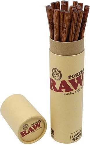 Front angled view of the RAW Large Wood Pokers 20-count bundle in natural light brown wood. Tied together or packaged in a clear sleeve for smoke shop retail, these anti-static wooden tools are essential for firmly packing dry herb into pre-rolled cones.