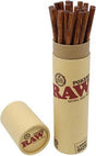 Front angled view of the RAW Large Wood Pokers 20-count bundle in natural light brown wood. Tied together or packaged in a clear sleeve for smoke shop retail, these anti-static wooden tools are essential for firmly packing dry herb into pre-rolled cones.