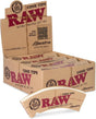 Front angled view of the RAW Maestro Cone Tips 24-pack display box in natural kraft brown packaging with vibrant black and red branding. This retail-ready counter carton gives smoke shops a professional presentation for these specialty, curved pre-rolling cone filters.