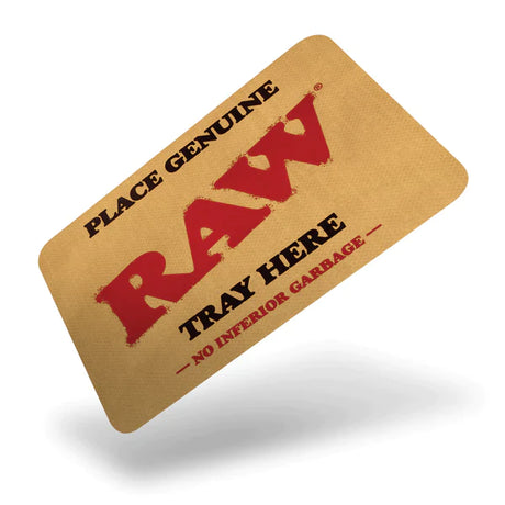 Front view of the RAW Magnetic Tray Cover mini size in natural tan with the classic red RAW script logo. This 7×5-inch magnetic shield seals tightly over metal rolling trays to transform them into secure storage containers for traveling.
