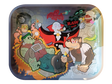 Top down view of the RAW Monster Sesh Large Metal Rolling Tray featuring multicolored, limited-edition Halloween cartoon monster artwork on a dark backdrop. This durable, spacious preparation tray features high sides and curved corners to easily contain and organize all your smoking accessories.