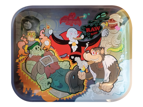 Top down view of the RAW Monster Sesh Large Metal Rolling Tray featuring multicolored, limited-edition Halloween cartoon monster artwork on a dark backdrop. This durable, spacious preparation tray features high sides and curved corners to easily contain and organize all your smoking accessories.