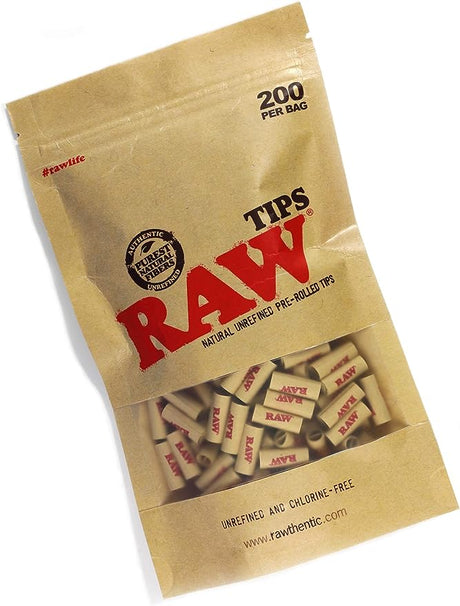Front view of the RAW natural unrefined pre-rolled tips 200-count storage package in signature brown kraft styling. This bulk container holds 200 ready-to-use filter tips constructed from chemical-free, unbleached vegan plant fibers.