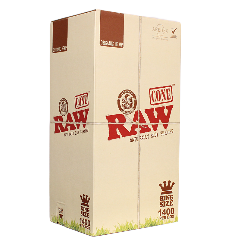 Front angled view of the RAW Organic Hemp Cones King Size 1400-count bulk box in natural kraft brown packaging. Made from unrefined, organically grown hemp, this massive master case provides dispensaries and mass producers with a reliable supply of clean, slow-burning pre-rolls.