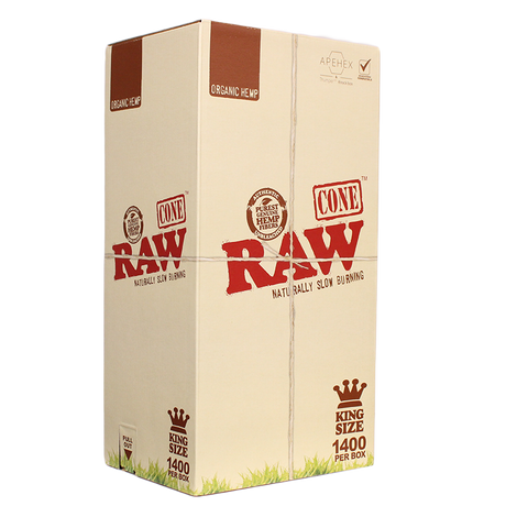 Front angled view of the RAW Organic Hemp Cones King Size 1400-count bulk box in natural kraft brown packaging. Made from unrefined, organically grown hemp, this massive master case provides dispensaries and mass producers with a reliable supply of clean, slow-burning pre-rolls.