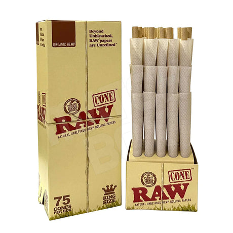Front angled view of the RAW Organic Hemp Cones King Size 75 Count Box in natural kraft brown packaging. Made from unrefined, organically grown hemp, these pre-rolled king size cones provide a clean, slow-burning smoke for larger sessions.
