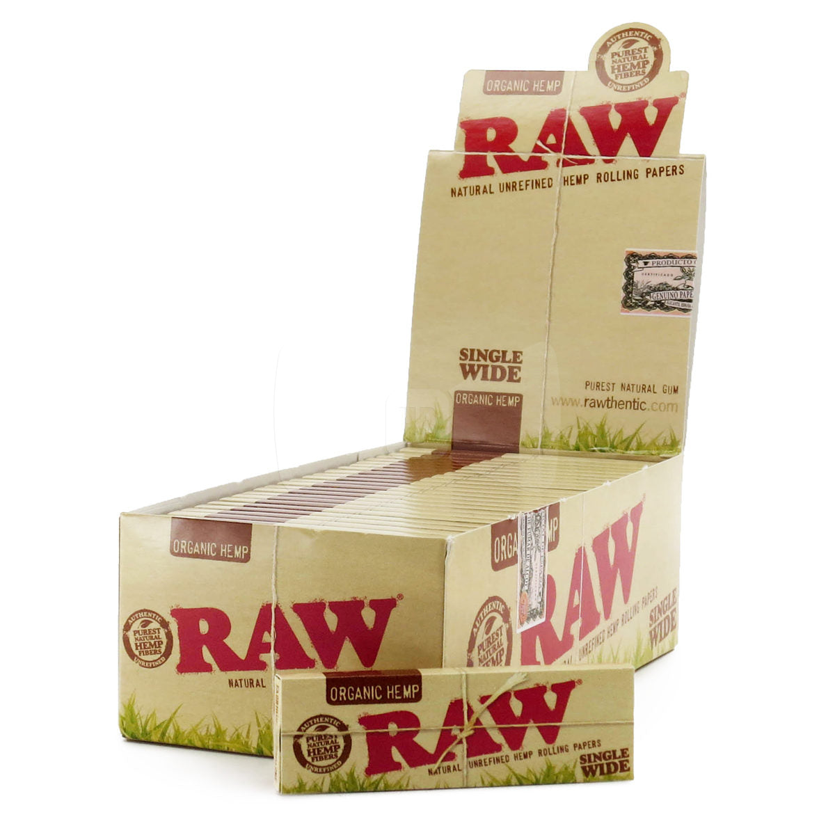 Front angled view of the RAW Organic Hemp Single Wide Papers 50-count display box in natural light brown packaging with green branding. Made from unrefined organically grown hemp, this retail-ready box provides smoke shops with an attractive countertop presentation.