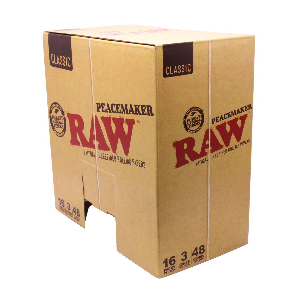 Front view of the RAW Peacemaker cones 48-count display box. Featuring natural kraft brown and red packaging, this towering 140mm funnel is specifically designed to accommodate extended gatherings.