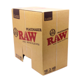 Front view of the RAW Peacemaker cones 48-count display box. Featuring natural kraft brown and red packaging, this towering 140mm funnel is specifically designed to accommodate extended gatherings.