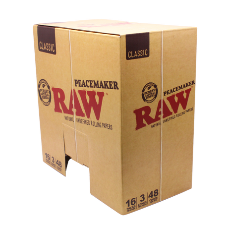 Front view of the RAW Peacemaker cones 48-count display box. Featuring natural kraft brown and red packaging, this towering 140mm funnel is specifically designed to accommodate extended gatherings.